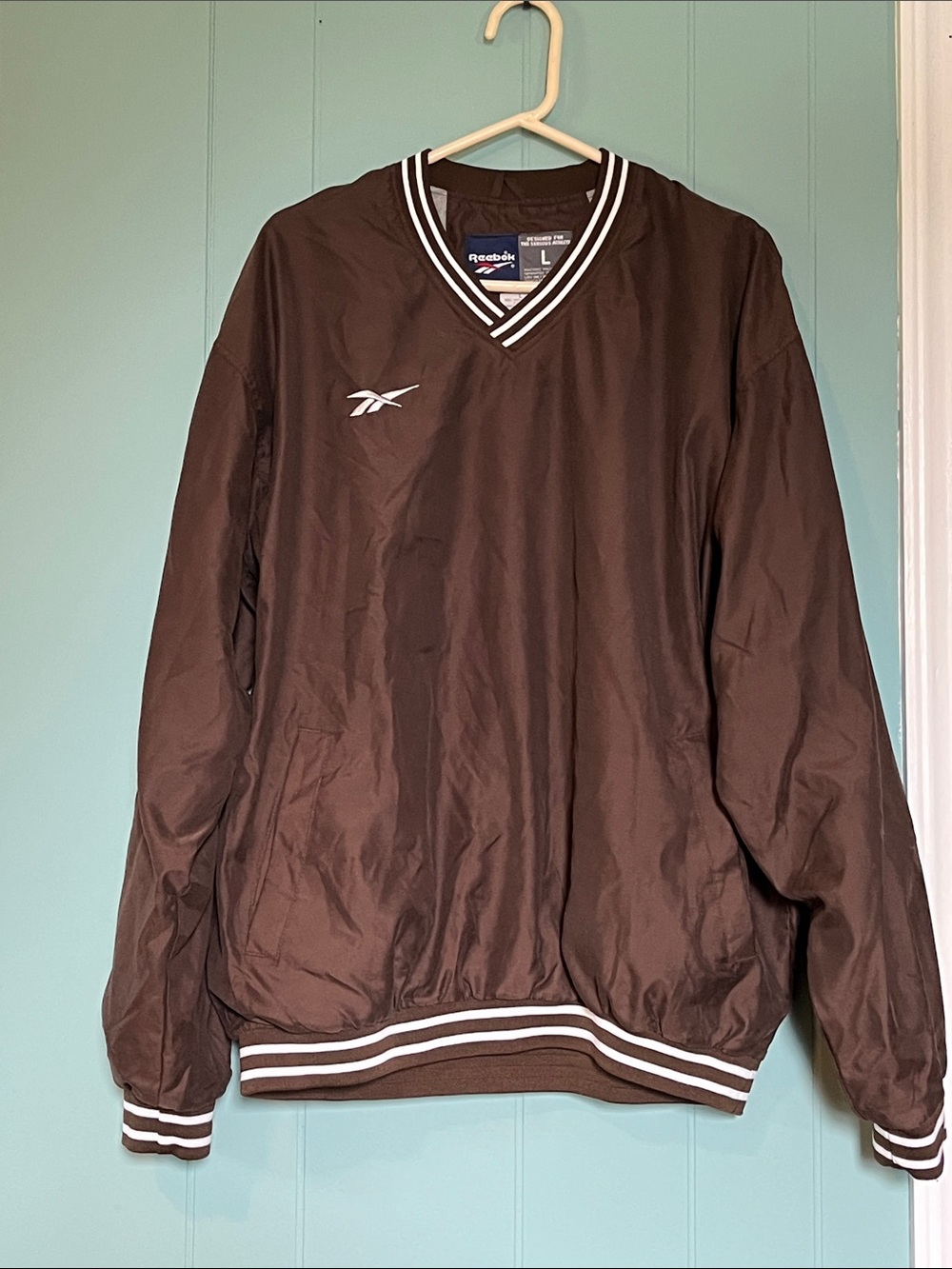 Vintage Reebok Brown V-Neck Bomber Pullover with White Stripe Trim